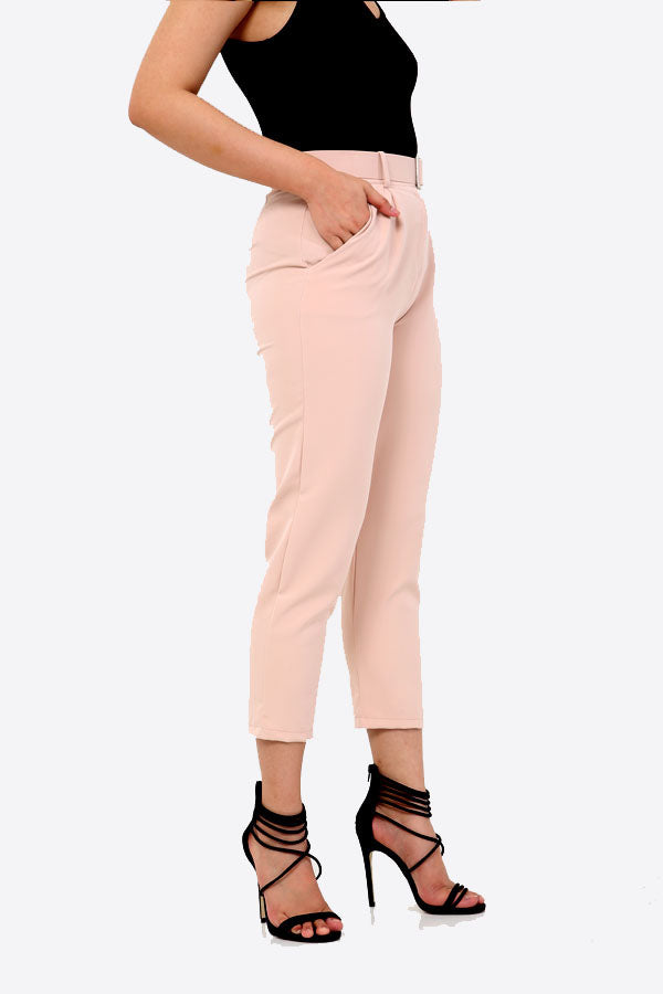 Blush Pink Slim Fit Belted Trousers