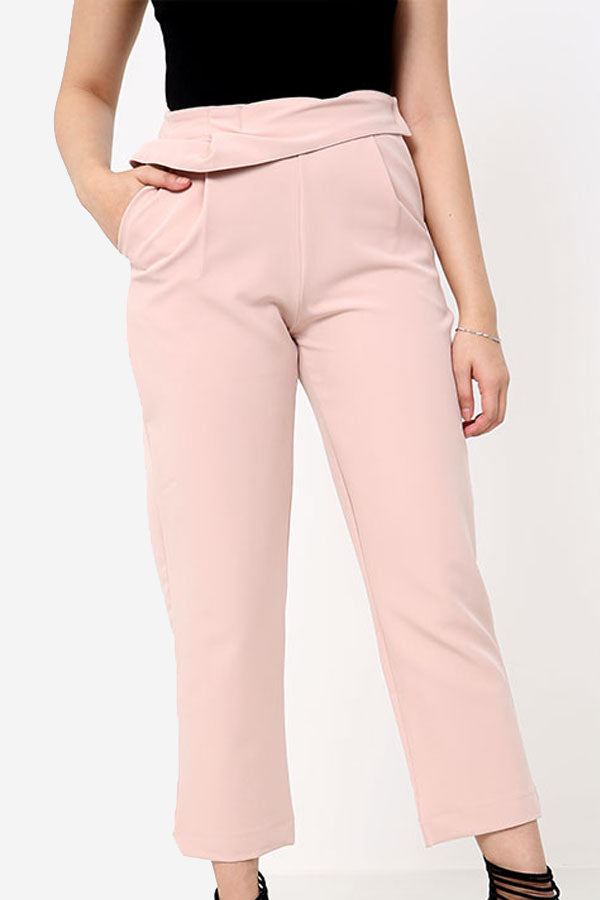 Blush Pink High Waisted Straight Leg Trousers With Ruffle Detail