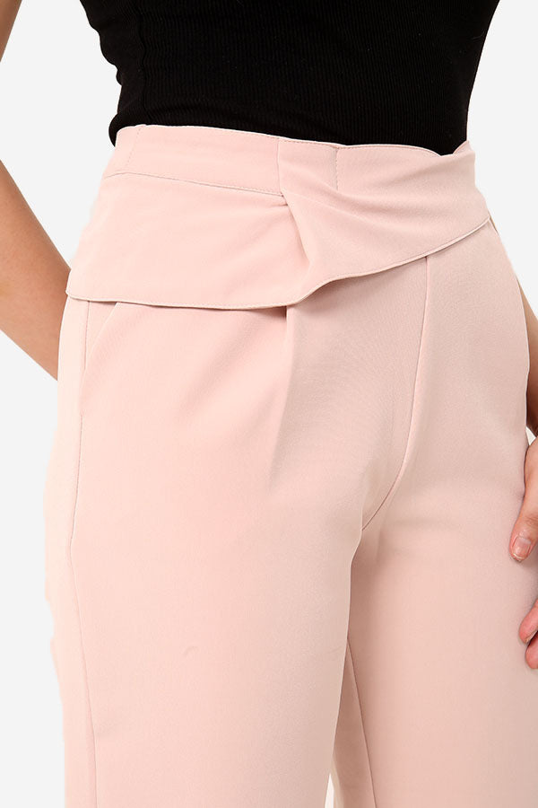 Blush Pink High Waisted Straight Leg Trousers With Ruffle Detail