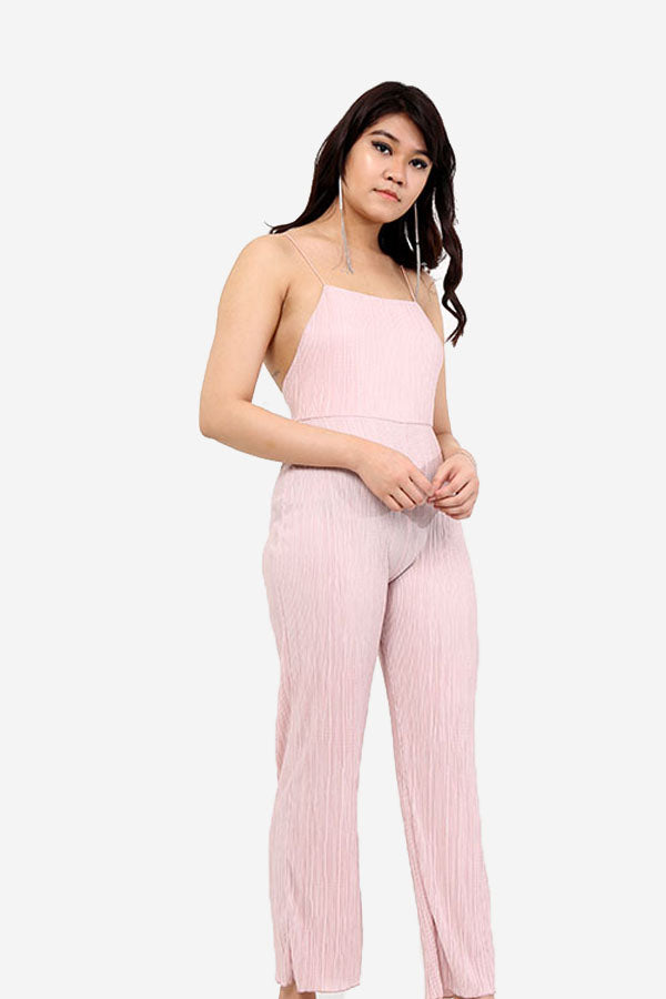 Pink Pleated Jumpsuit With Noodle Straps