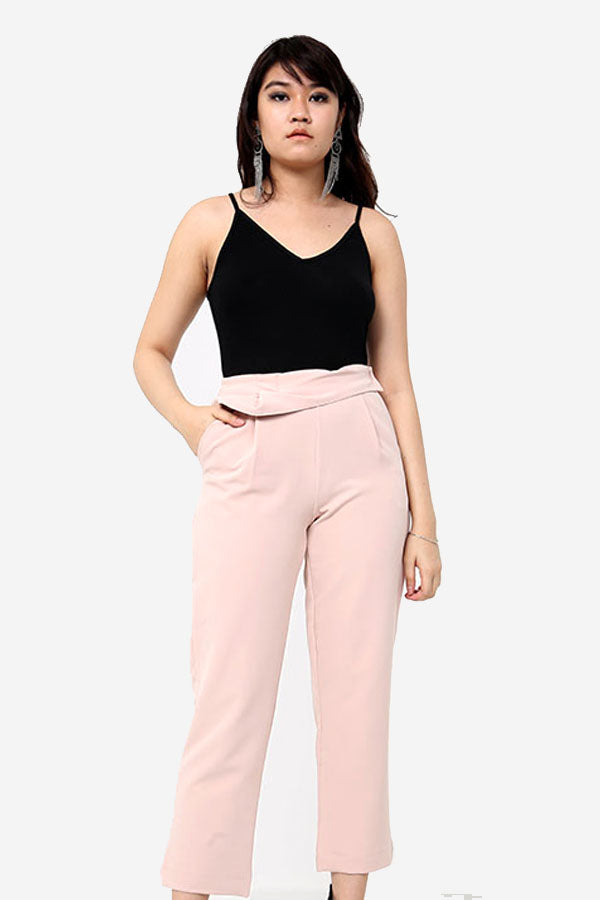 Blush Pink High Waisted Straight Leg Trousers With Ruffle Detail