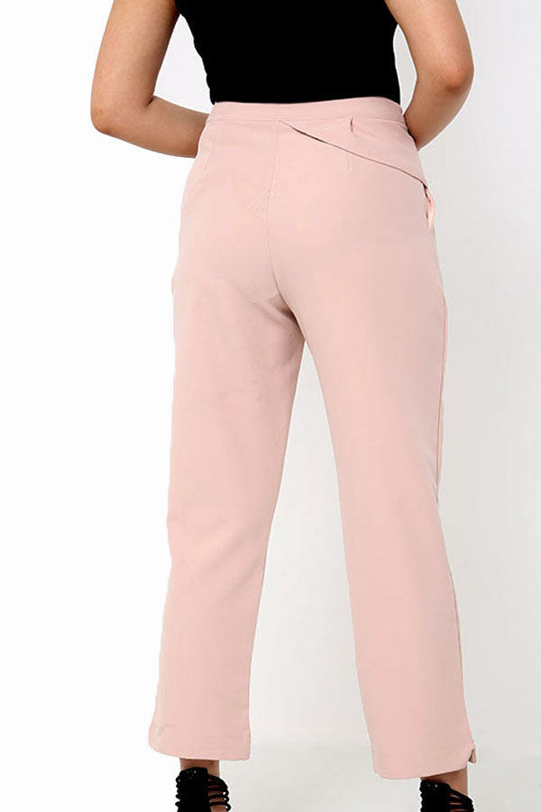 Blush Pink High Waisted Straight Leg Trousers With Ruffle Detail