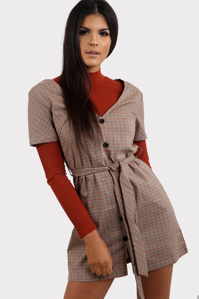 Brown Plaid Button Through Dress With Belt