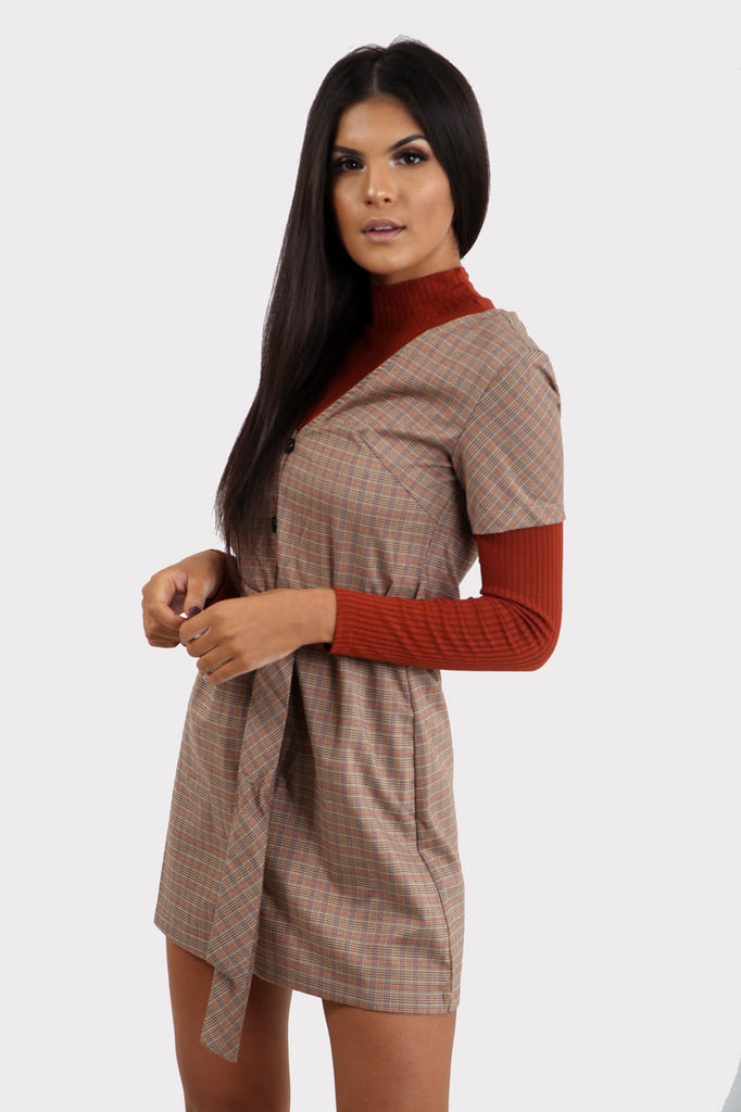 Brown Plaid Button Through Dress With Belt