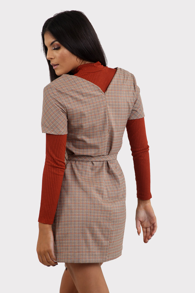 Brown Plaid Button Through Dress With Belt