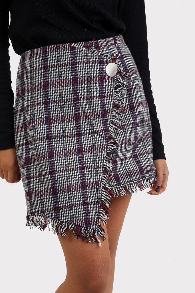 Grey Plaid Wrap Checkered Skirt