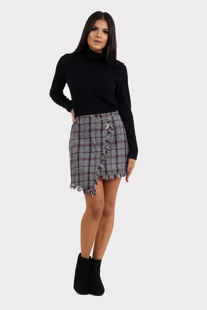 Grey Plaid Wrap Checkered Skirt