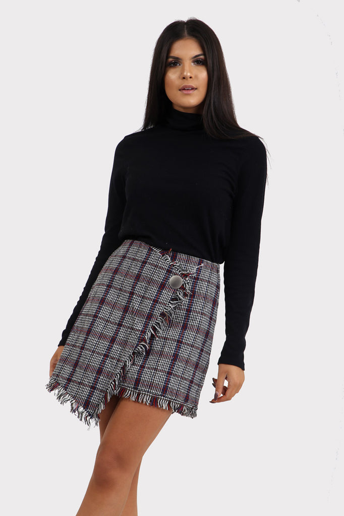 Grey Plaid Wrap Checkered Skirt