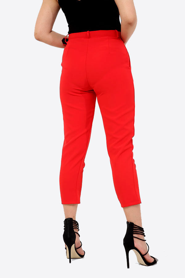 Red Slim Fit Belted Trousers