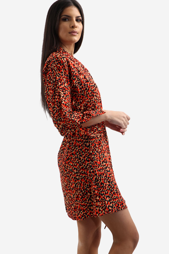 Red Animal Print Lapel Collar Tea Dress In Leopard Print