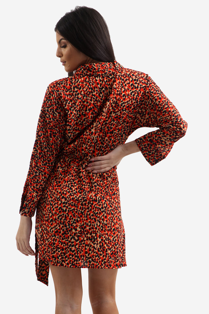 Red Animal Print Lapel Collar Tea Dress In Leopard Print