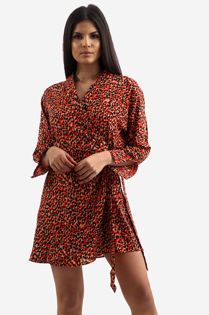 Red Animal Print Lapel Collar Tea Dress In Leopard Print