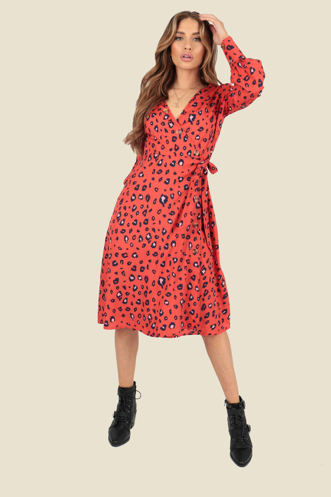 Ivykove Red Leopard Animal Wrap Midi Dress with Mock Horn Buttons