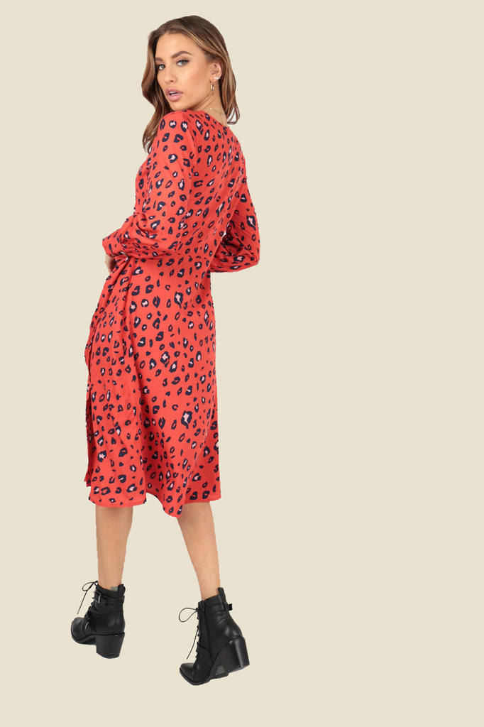 Ivykove Red Leopard Animal Wrap Midi Dress with Mock Horn Buttons