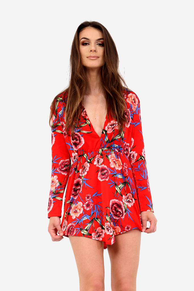 Red Plunge Floral Shirt Dress