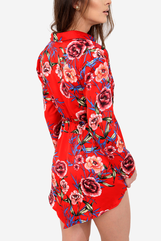 Red Plunge Floral Shirt Dress