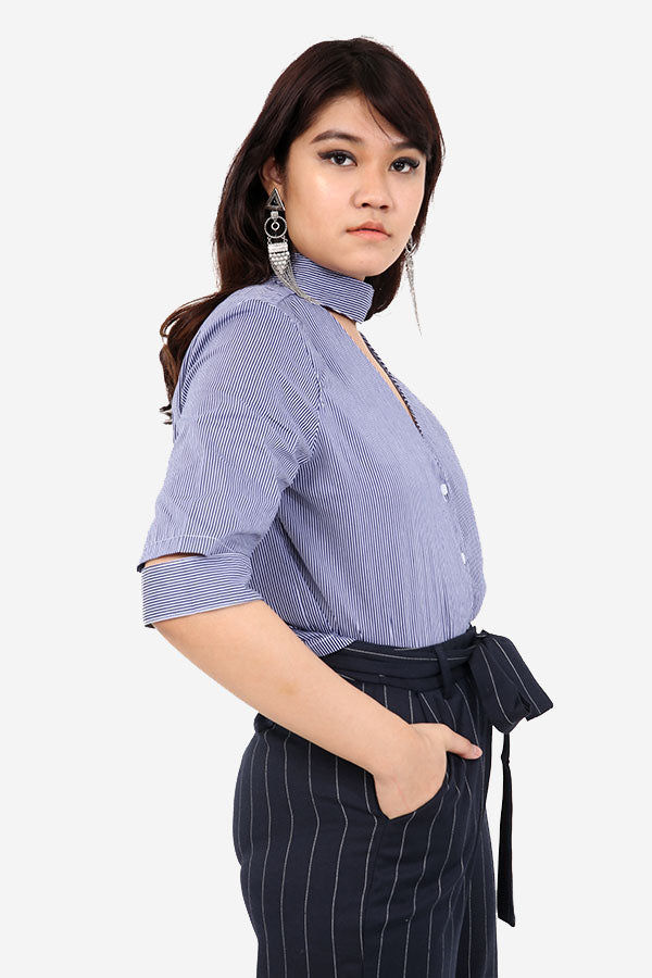 Blue Stripe Shirt With Cut Out Detail