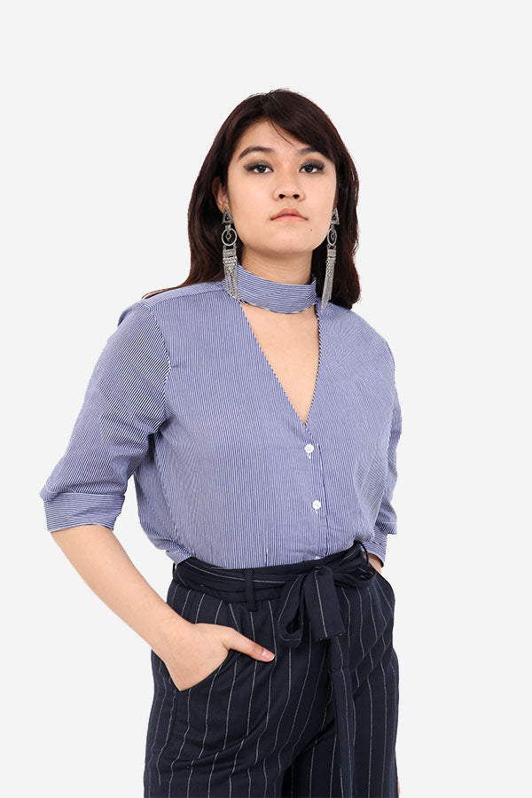 Blue Stripe Shirt With Cut Out Detail