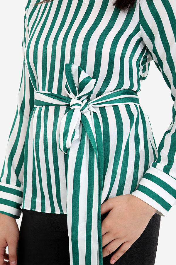 Striped Long Sleeved Top With Wrap Belt