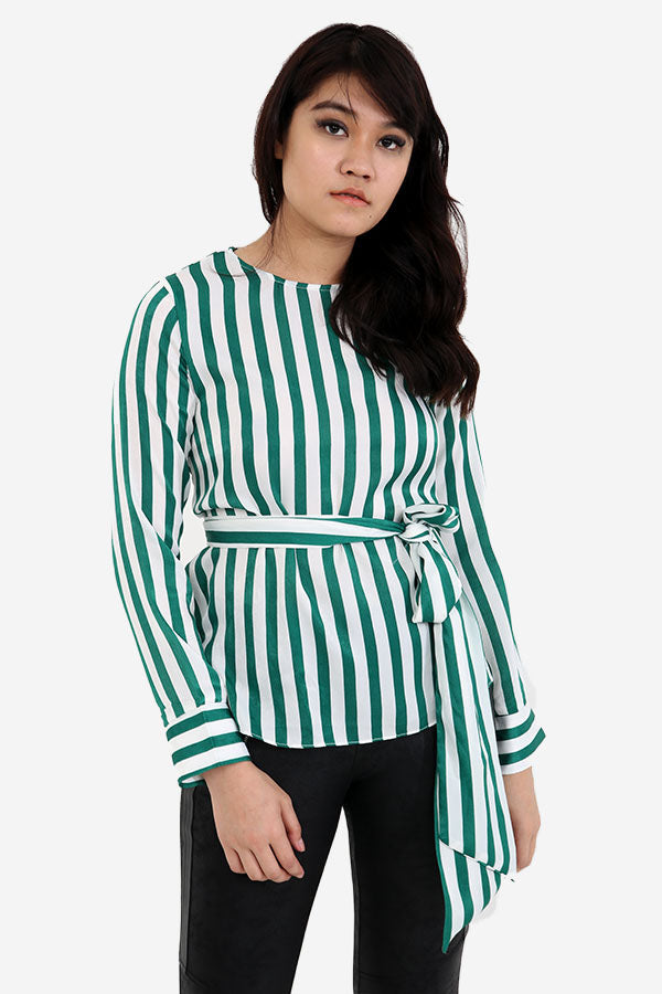 Striped Long Sleeved Top With Wrap Belt