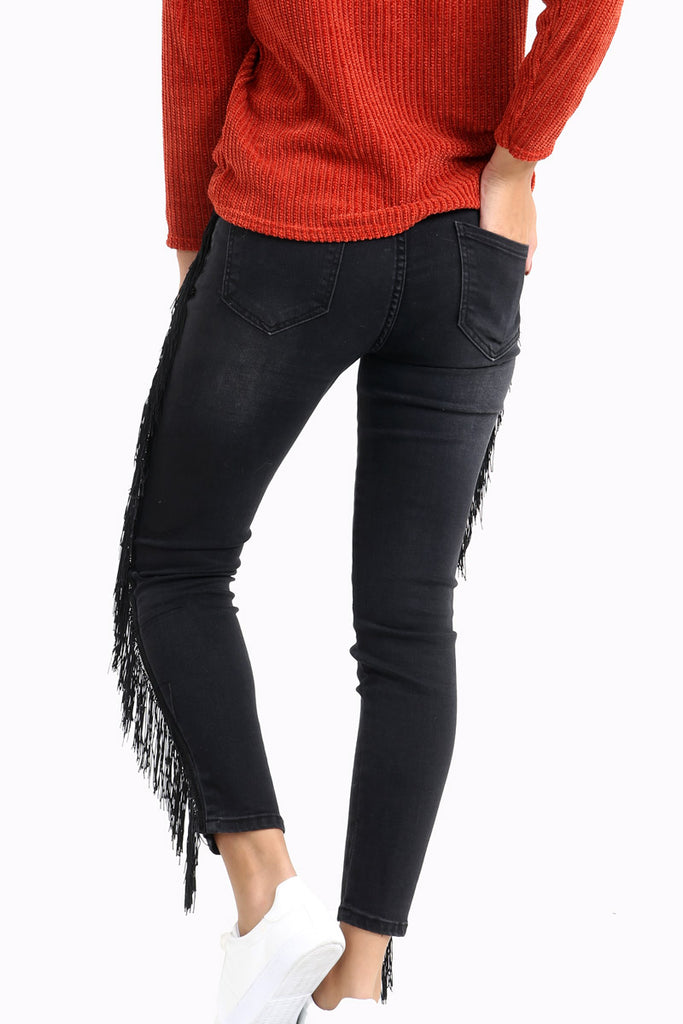 Black Skinny Jeans With Fringed Sides