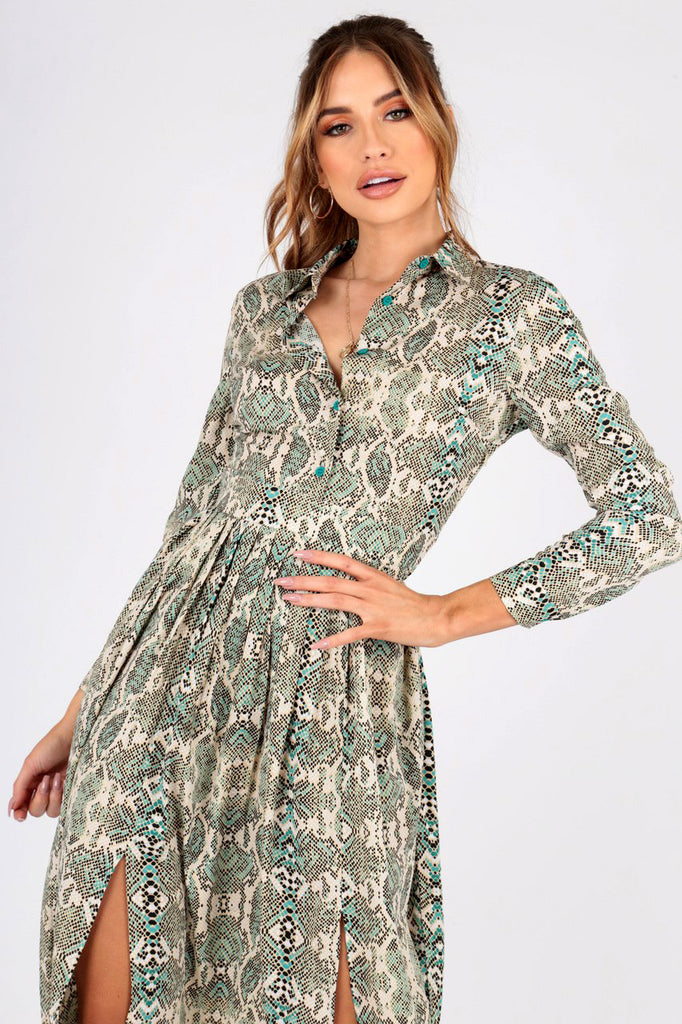 Green Snake Print Midi Shirt Dress With Side Splits