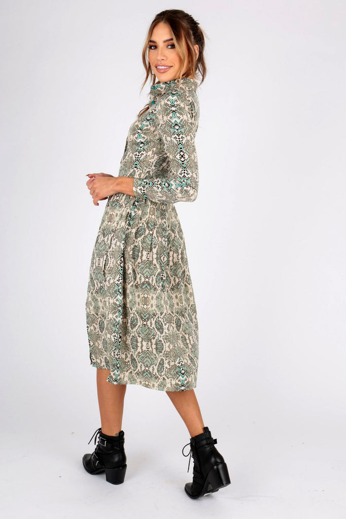 Green Snake Print Midi Shirt Dress With Side Splits