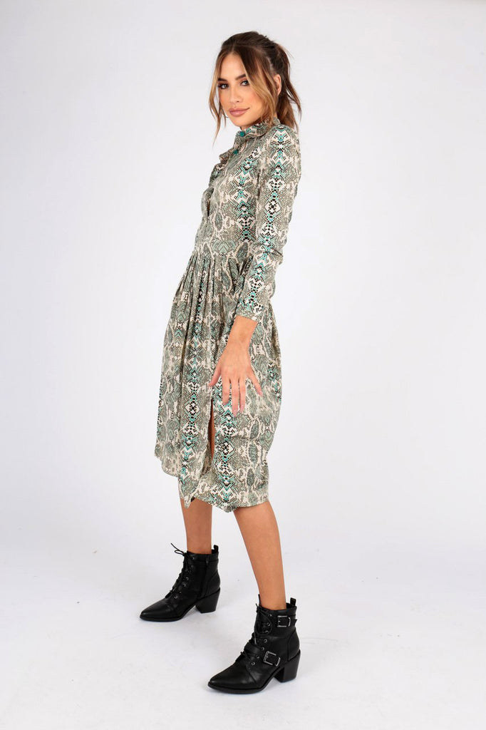 Green Snake Print Midi Shirt Dress With Side Splits