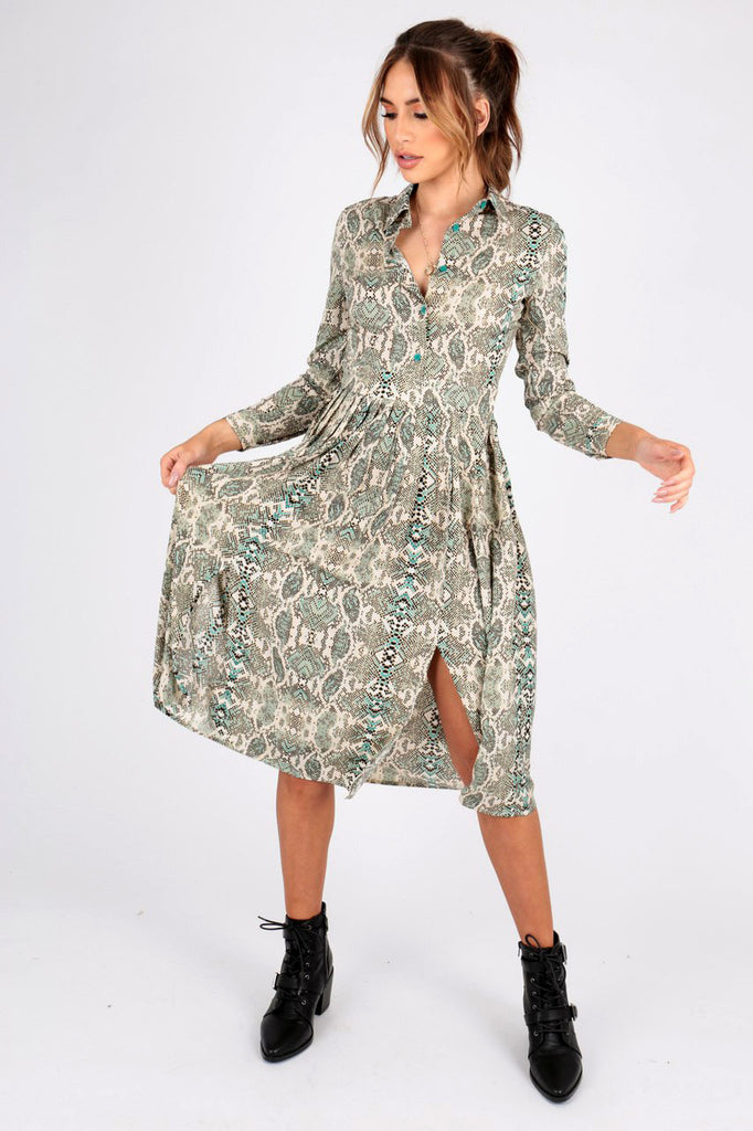 Green Snake Print Midi Shirt Dress With Side Splits