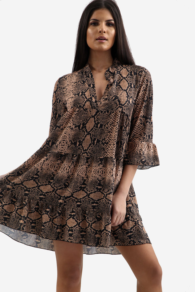 Brown Snake Print Oversized Shift Dress