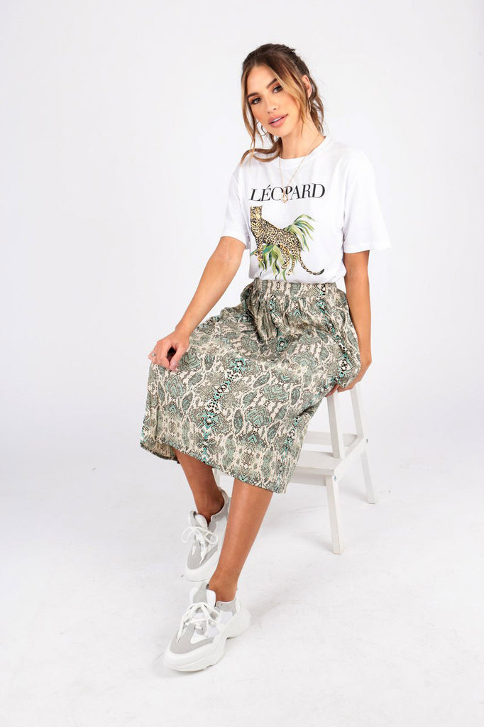 Green Snake Print Pleated Midi Skirt