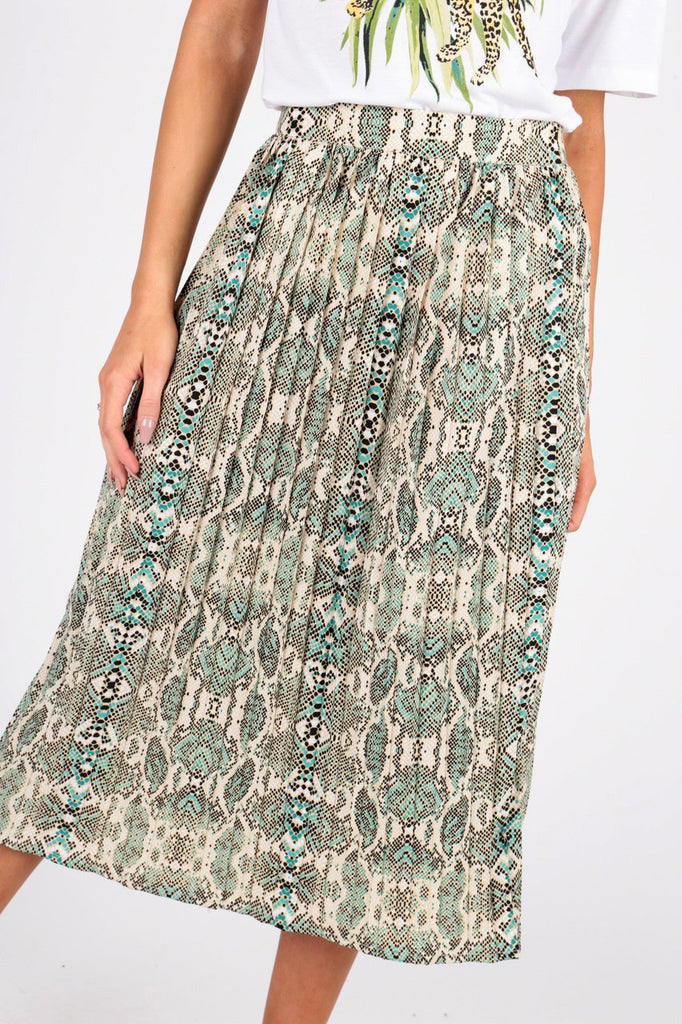 Green Snake Print Pleated Midi Skirt