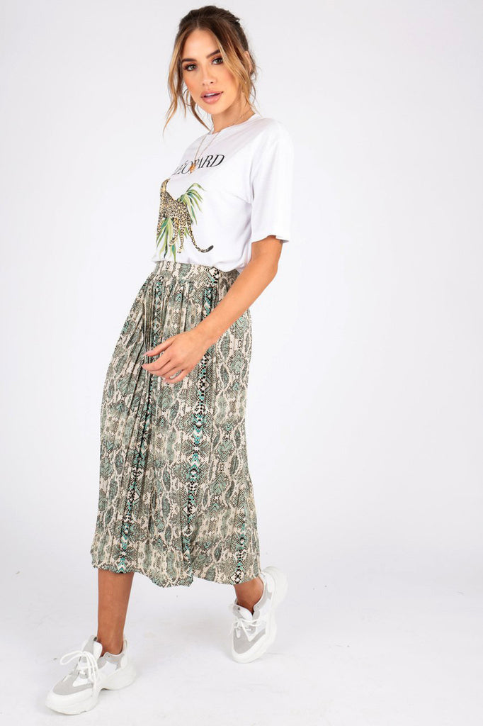 Green Snake Print Pleated Midi Skirt