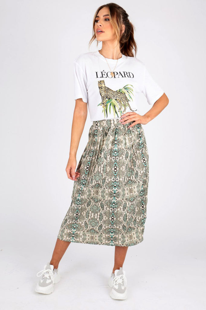 Green Snake Print Pleated Midi Skirt