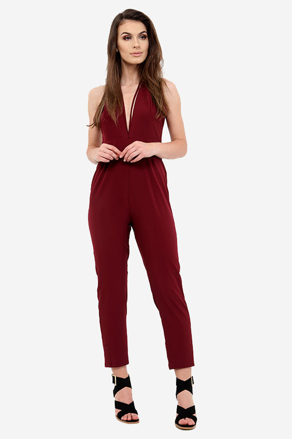 Wine Low Cut V Neck Jumpsuit