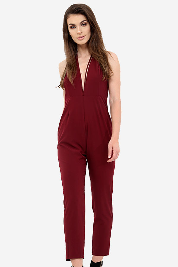 Wine Low Cut V Neck Jumpsuit