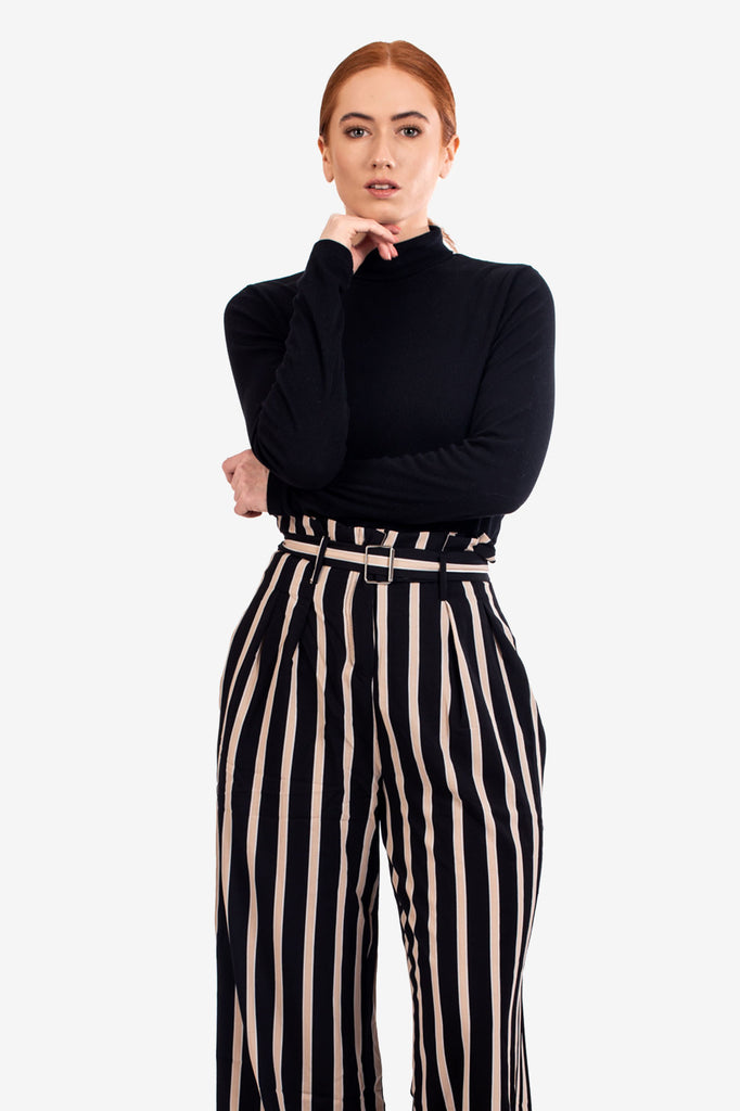 Black High Waisted Striped Trousers