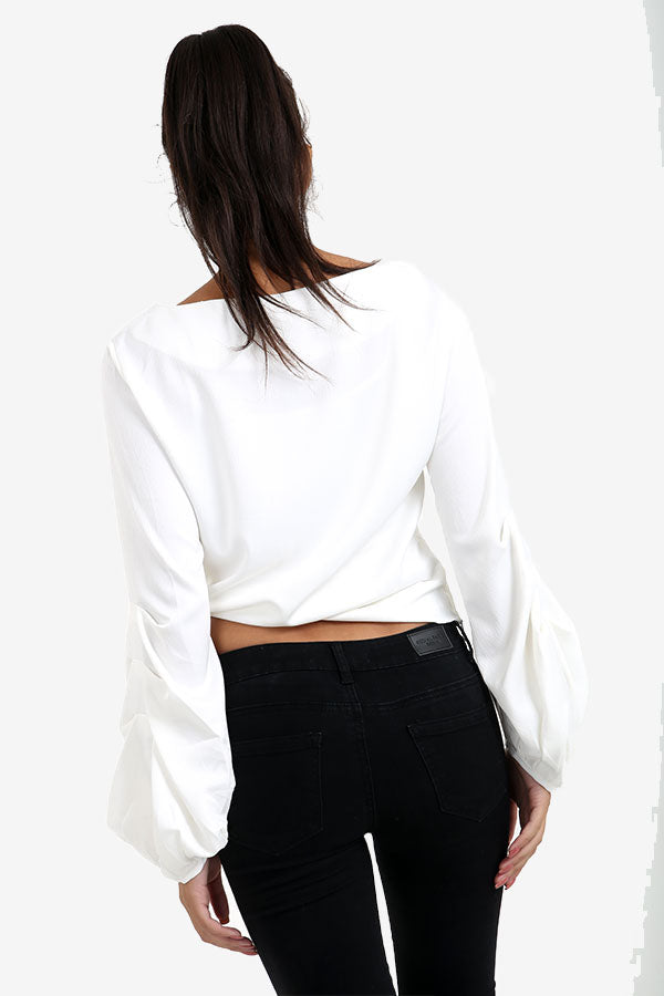 White Tie Side Top With Detailed Sleeves