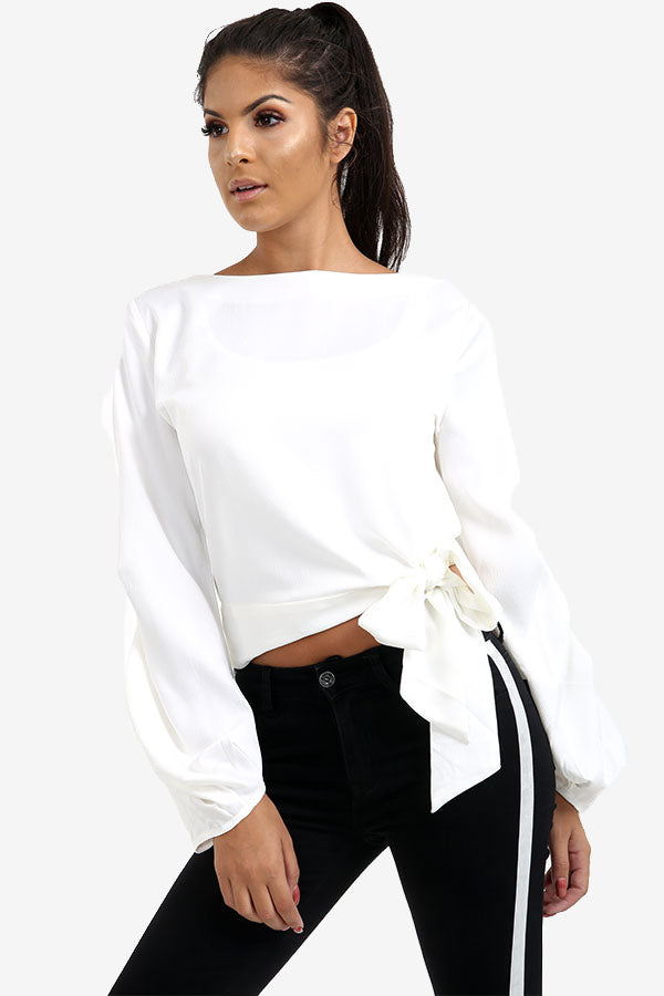 White Tie Side Top With Detailed Sleeves