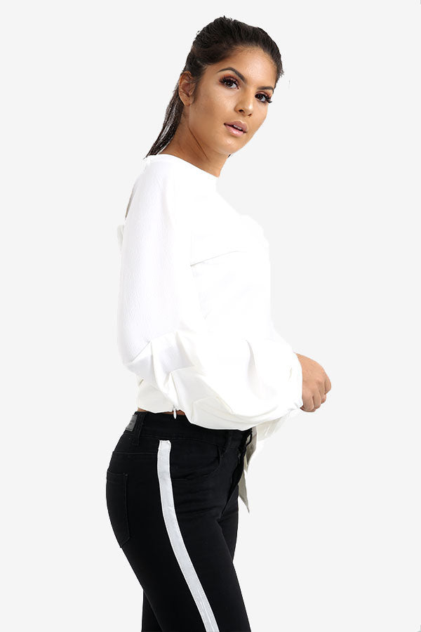 White Tie Side Top With Detailed Sleeves