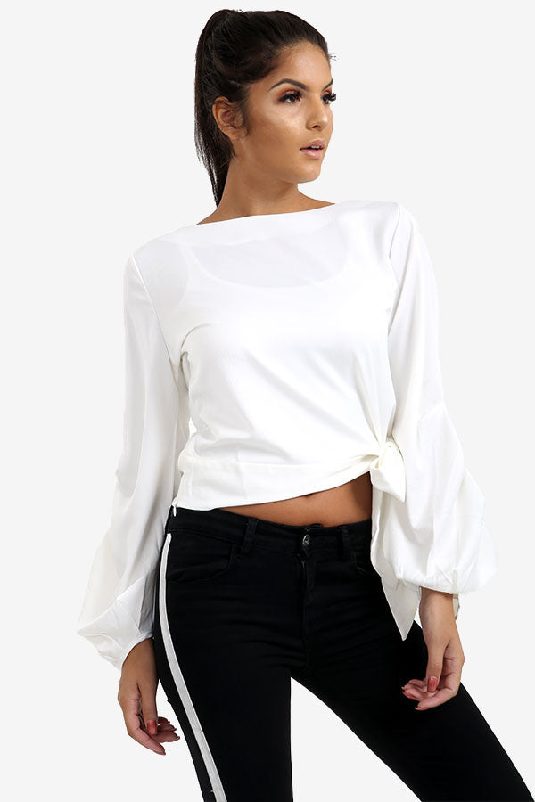 White Tie Side Top With Detailed Sleeves