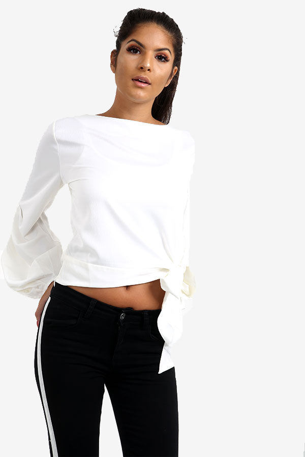 White Tie Side Top With Detailed Sleeves