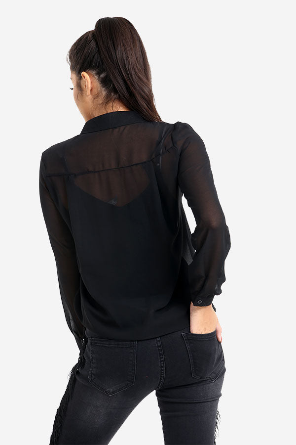 Black Transparent Shirt With Buckle Detail