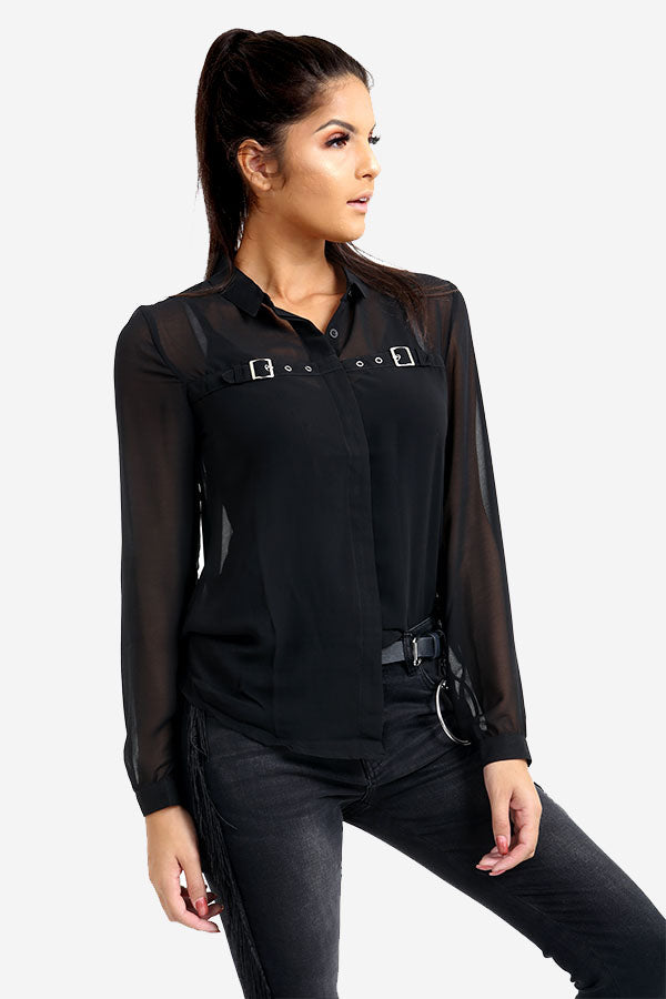 Black Transparent Shirt With Buckle Detail