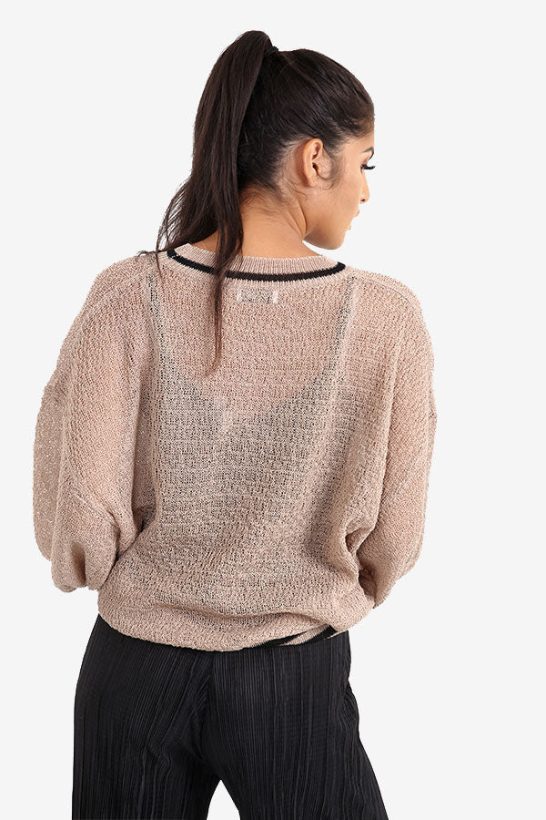 Camel Transparent Sweater With Striped Border