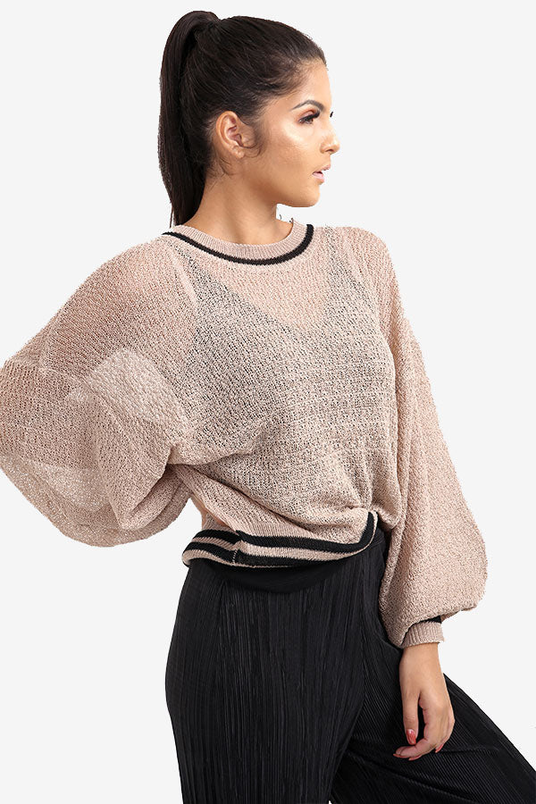 Camel Transparent Sweater With Striped Border