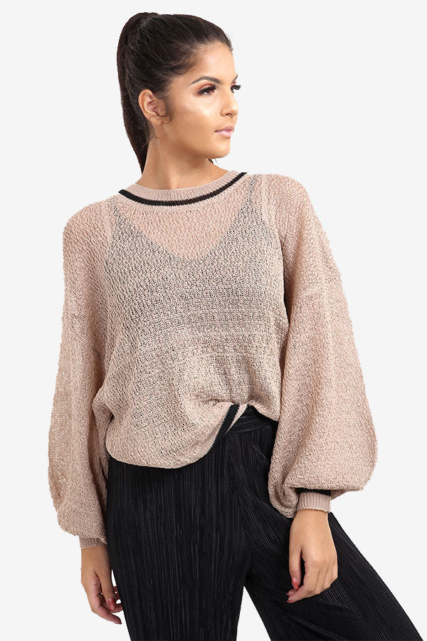 Camel Transparent Sweater With Striped Border