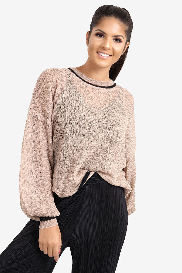 Camel Transparent Sweater With Striped Border