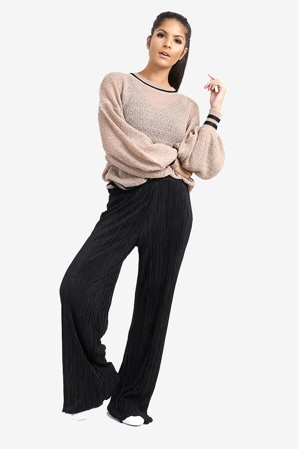 Camel Transparent Sweater With Striped Border