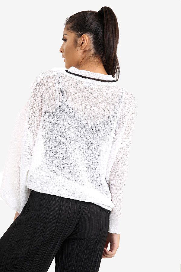 White Transparent Sweater With Striped Border
